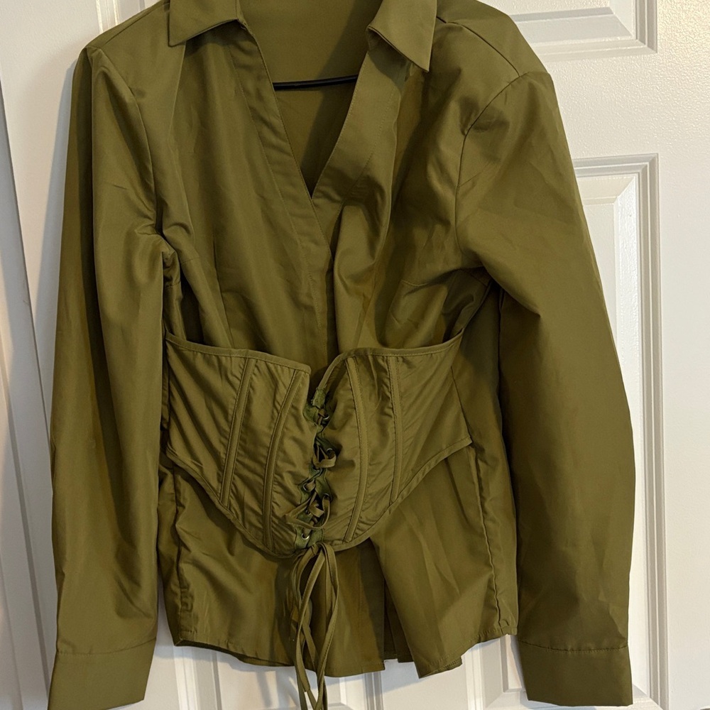 PrettyLittleThing Olive Green Corset Top Lace Up Waist Snatched Y2K